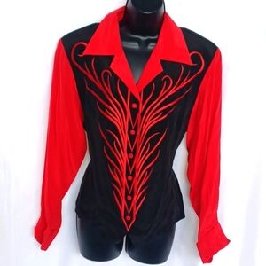 Vintage Bob Mackie Wearable Art Black & Red Button Up Blouse w Embrodered Design